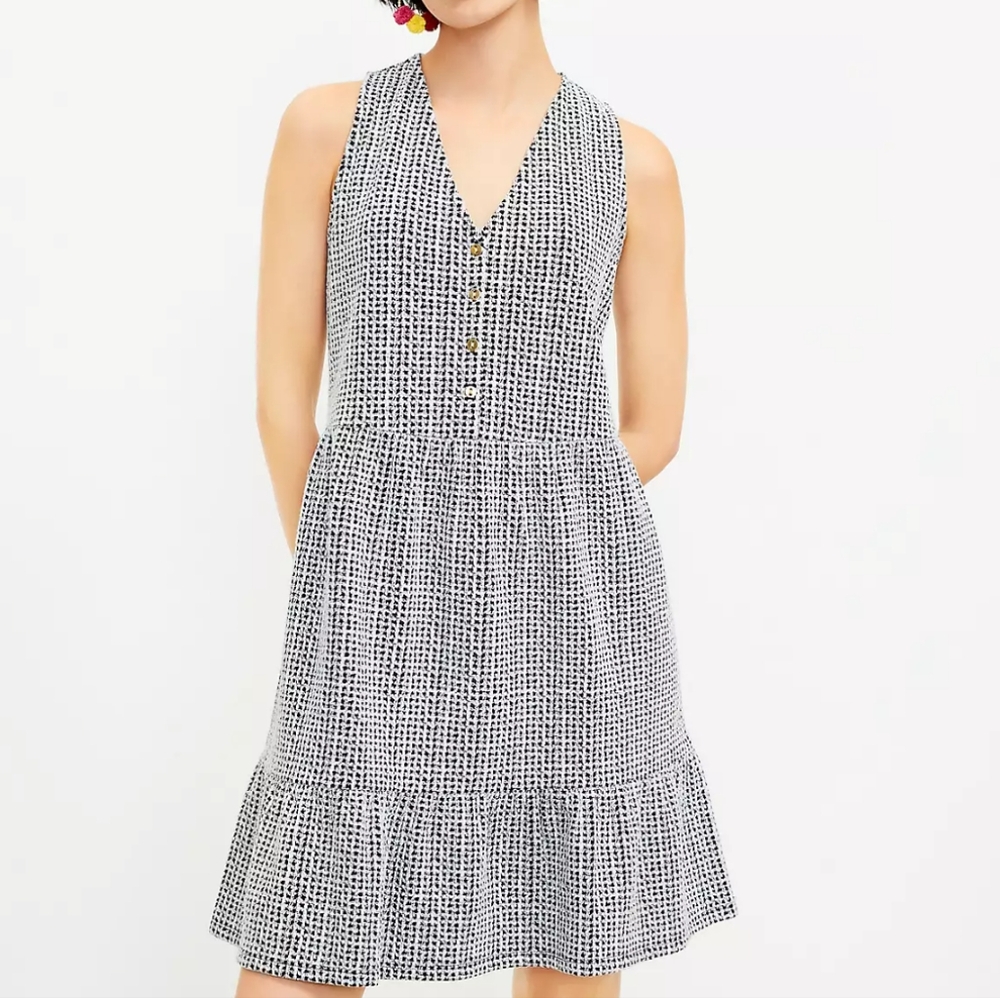 Loft Textured Button Flounce Dress Women's XL Black White Preppy Academia Retro